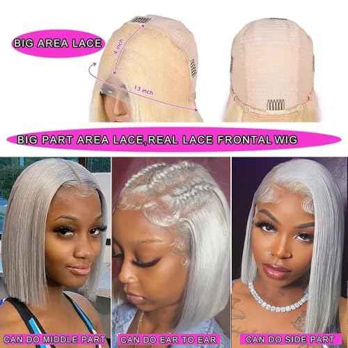 Silver Grey Bob Wig Human Hair 14 Inch 13x4 HD Straight Grey Bob Lace Front Wigs Human Hair Wear and Go Glueless Wig Pre Plucked with Baby Hair Short Grey Bob hd Lace Frontal Wigs For Black Women