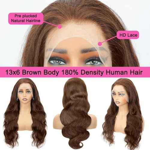 14 Inch Chocolate Brown Lace Front Wig Human Hair 180 Density 13x6 Body Wave Lace Front Wigs Human Hair Pre Plucked Colored Frontal Wigs Human Hair Brown Wig Human Hair Wigs for Women