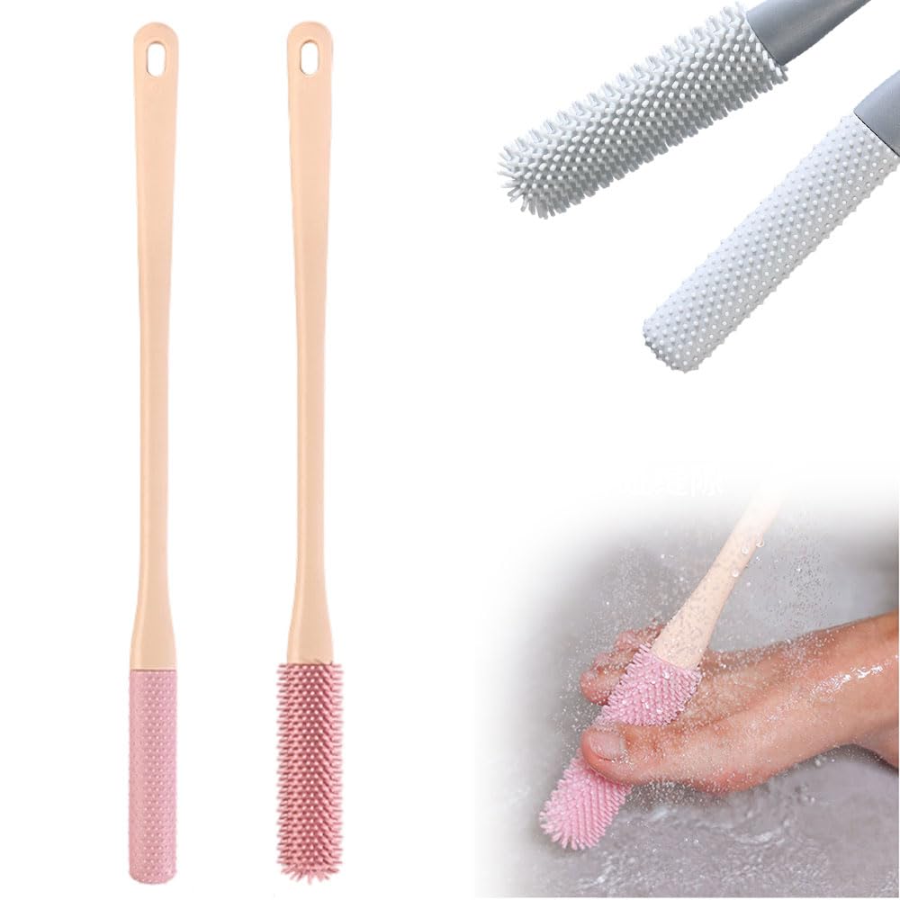 Long Handled Silicone Toe Crevice Cleaning Brush & Exfoliating Brush, 2025 New Soft Rubber Toe Cleaning Tool, Foot Scrubber Shower Feet Care for Seniors, Elderly, Men and Women (Pink)
