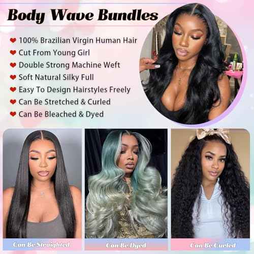12A 30 Inch Human Hair Bundles 100% Unprocessed Brazilian Virgin Hair Body Wave Quick Weave Wavy Human Hair Bundles for Black Women Natural Color