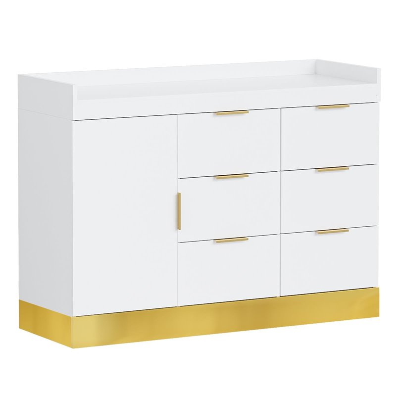 OmySalon Salon Station for Stylists, Free Standing Barber Vanity with 6 Drawers, 1 Cabinet & Adjustable Shelves, Large Storage Hair Beauty Furniture for Barbershop, White Gold