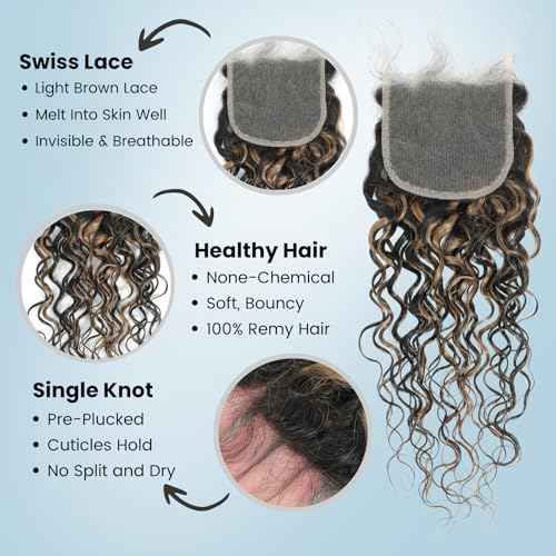ALHER #F1B/27 Black and Blonde Highlight Water Wave 5x5 Larger Lace Closure, 12A Skunk Stripe Wet n Wavy Free Part Melt Lace, 100% Virgin Remy Human Hair Pre Plucked With Baby Hair 150% Density 18 IN