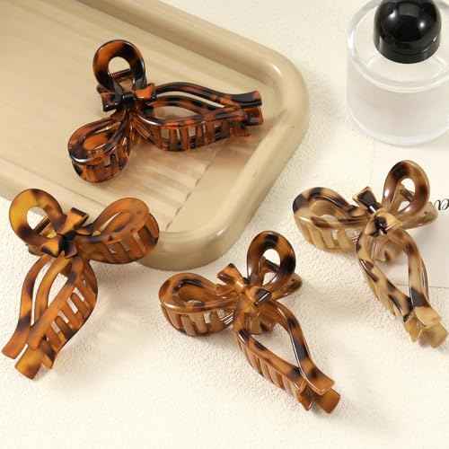 Auseibeely 4 Pcs Bow Claw Clips for Women & Girls, 4.3 Inch Tortoise Shell Cute Bow Hair Clips, Medium Claw Clip for Thick/Thin Hair, Non-Slip Elegant Butterfly Hair Accessories for Christmas Gift