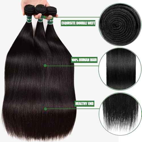 Straight Bundles Human Hair 18 20 22 Inch Straight Human Hair Weave 3 Bundles Silky Hair Bundles 10A 100% Unprocessed Brazilian Virgin Hair Bundles Deals Natural Black Bundles
