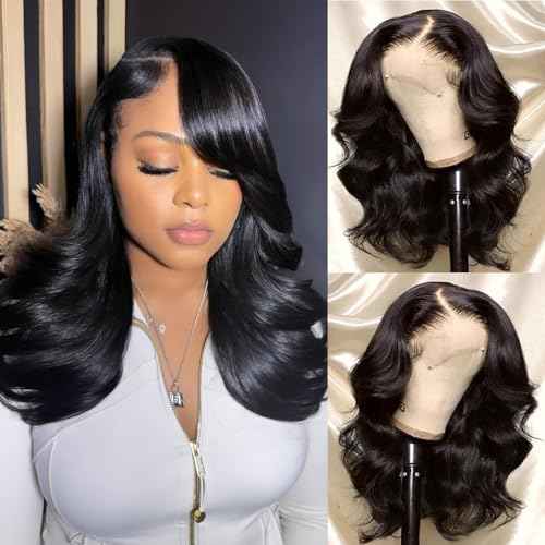 16 Inch Bob Wig Human Hair Short Body Wave Lace Front Wigs Human Hair 13x6 HD Lace Front Wigs 200 Density Body Wave Wigs Pre Plucked for Women Natural Black