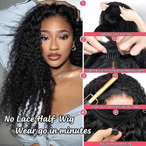 XSY Half Wig Human Hair Deep Wave 20 Inch Curly Half Wig 3 In 1 Drawstring Seamless Flip Over Glueless Wear Go Half Wigs for Black Women Beginner Friendly 180% Density Natural Black