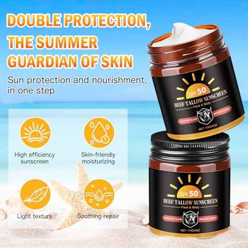 Beef Tallow Sunscreen with Zinc Oxide, Non Toxic Sunscreen SPF 50, Safe, Clean Non-Greasy Formula for Face and Body, Sun Balm for Sunmmer Outdoor Travel, 4 OZ