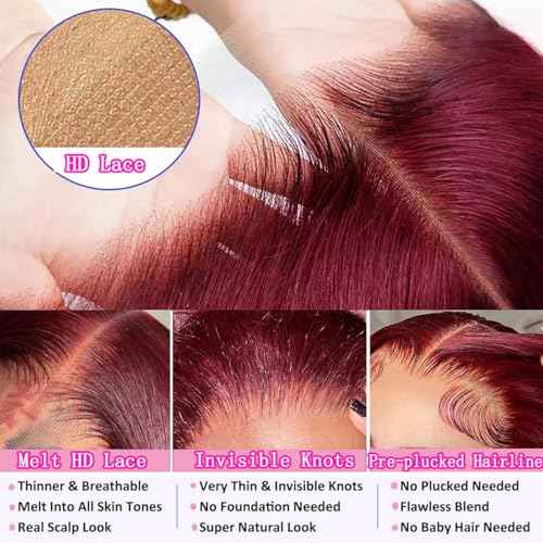99J Burgundy Lace Front Wigs Human Hair 13x6 HD Transparent Body Wave Lace Front Wigs Pre Plucked 99j Burgundy Red Wine Glueless Human Hair Wigs for Women Reddish Brown 180% Density 30 Inch