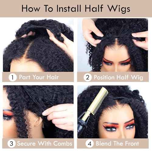 LESLY 26 Inch Kinky Curly Half Wig Human Hair 200 Dnsity 3 IN 1 Half Wig Seamless Clip Ins Flip Over Drawstring Glueless Wigs Beginner FriendlyHeadband Wig For Women.