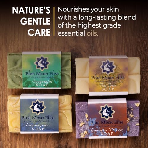 Blue Moon Elise All Natural Soap Bars Variety 4-Pack, Made with Organic Ingredients, Handmade in the USA, Moisturizing and Therapeutic for Face & Body, Sensitive Skin, Men & Women