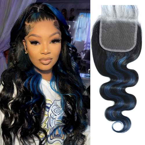 ALHER Black Mix Blue Body Wave 4x4 Lace Closure, 12A #1B/BlueColored Closure Free Part Pre Plucked with Baby Hair, 100% Virgin Remy Human Hair for Black Women 150% Density 12 Inch