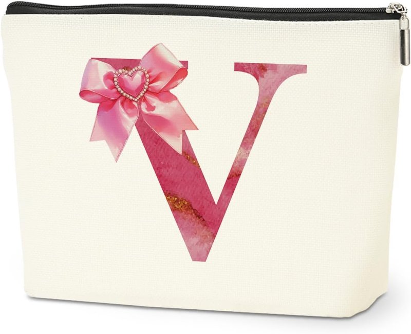 Personalized Initial Makeup Bag - Cute Monogram Bow Travel Toiletry Organizer | Pink Cosmetic Pouch for Women & Girls