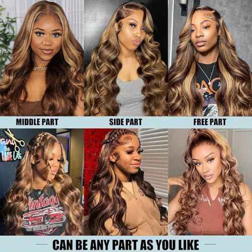 QNQZ Honey Blonde 13x6 Lace Front Wig Human Hair 30 Inch Loose Body Wave Highlight Ombre Glueless HD Lace Frontal Wigs for Women 4/27 Brown Ombre Human Hair Wig Pre Plucked 220 Density