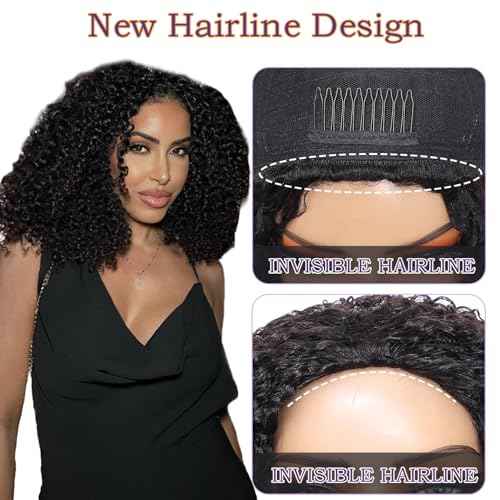 Half Wig Human Hair Kinky Curly Flip Over Wig 230% Density with Drawstring Seamless Clips Glueless Natural Black Ready to Wear Wigs for Women 16 Inch