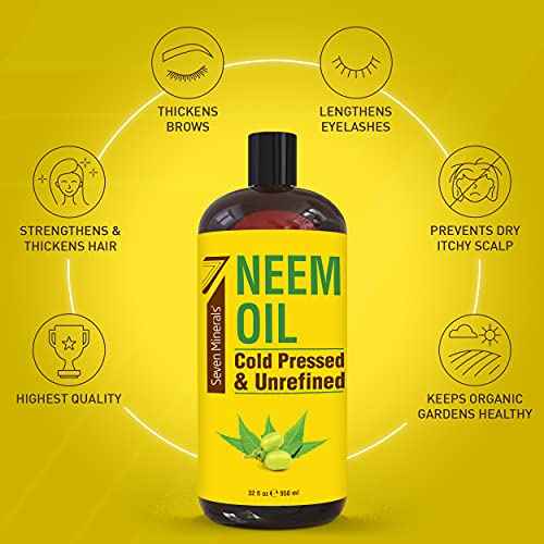 Seven Minerals Pure Cold Pressed Neem Oil - Big 32 fl oz Bottle - Non-GMO, Hexane Free, 100% Pure Neem Oil for Plants Spray, Skincare, & Haircare. Treats Dry Skin, Wrinkles, & Promotes Hair Growth