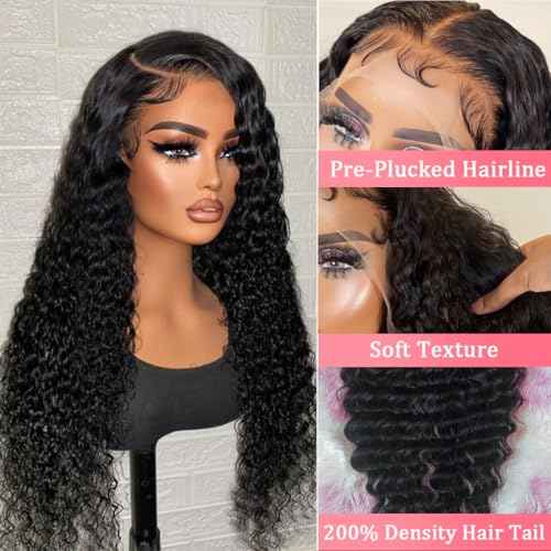 26 Inch Deep Wave Lace Front Wigs Human Hair 210 Density 13x6 Curly HD Transparent Lace Front Wigs Human Hair Pre Plucked with Baby Hair