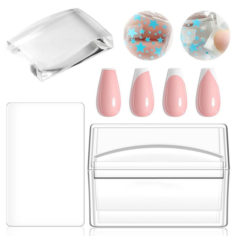 FSpronail French Tip Nail Stamper, Clear Silicone French Tip Tool with Nail Scraper Alcohol-Washable Soft Jelly Stamp Head Manicure Guide for Gel Polish Printing Design Home Salon Nail Art Supplies