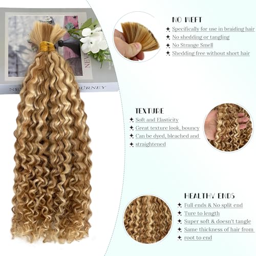 Water Wave Bulk Human Braiding Hair 3 Bundles 150g 20 Inch Highlight Honey Blonde Bohemian Braiding Hair for Boho Braids No Weft 100% Brazilian Virgin Hair