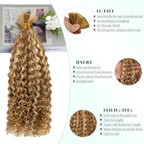Human Braiding Hair for Boho Braids Virgin Human Hair 3 Bundles 150g Water Wave Bulk Human Hair for Braiding Honey Blonde Curly No Weft Hair Extensions for Bohemian Braids 26 inch