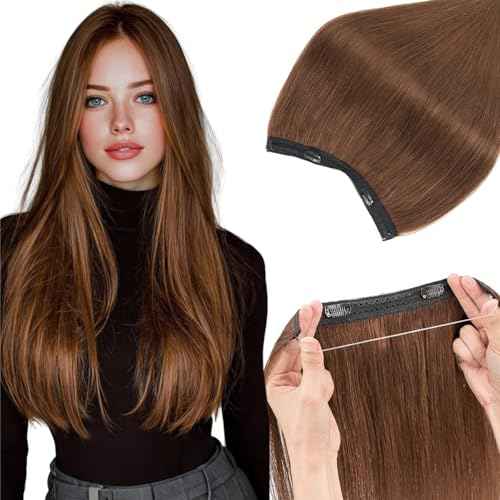Rich Choices 100% Real Human Halo Hair Extensions for Women Remy Halo Extension Invisible Wire Hairpiece Clip in One Piece Hairpiece Upgrade Adds Weight 80g 16 Inch #4 Medium Brown