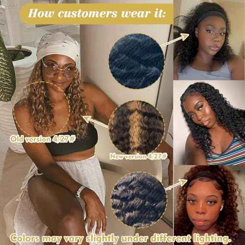 Chocolate Brown Headband Wig Human Hair Deep Wave Human Hair Wigs for Black Women 20 Inch Curly Headband Wig Glueless None Lace Front Brazilian Virgin Hair Wear and Go 150% Density