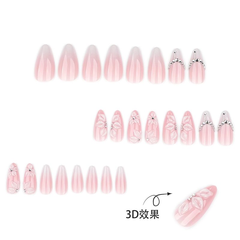 24Pcs 3D Flower Press on Nails Medium Almond Fake Nails Flowers Rhinestones Glitter Designs Full Cover White French Tip Stick on Nails Spring Summer False Nails for Women Acrylic Artificial Manicure
