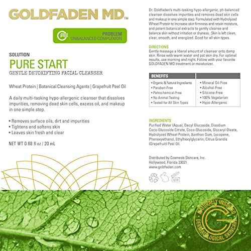 GOLDFADEN MD Pure Start Gentle Detoxifying Natural Facial Cleanser Grapefruit Peel Oil, Organic Red Tea Extract, Seaweed Extract, Rose Hip Seed Oil TRIAL .67 Fl Oz