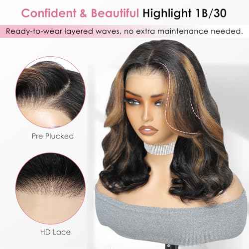 250% Human Hair Wigs For Black Women Highlight Bob Wig Human Hair With Layered Curtain Bangs Face-Framing 6x6 Lace Closure Glueless Wigs Human Hair Pre Cut 15A Ombre Loose Body Wave Wig 1B30 14Inch