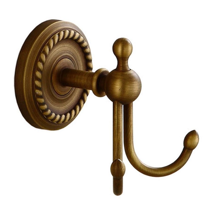 Kelelife Antique Brass Towel Hook, Screw-Mounted Shower Wall Hook, Wall-Mounted Bathroom Hook for Hanging Clothes & Robes, Vintage Brass Twist Series Long-Handle Double Hook