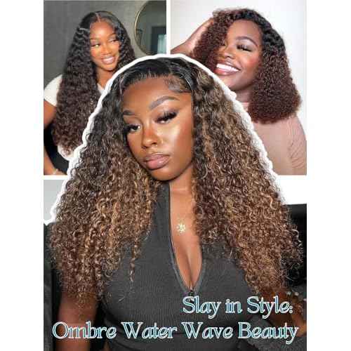 12A Brown Ombre Human Hair Bundles Water Wave 24 Inch, Chestnut Ombre Brown Wet n Wavy Single Bundle with Dark Roots 3 Tone Color #T1B/2/30 Thick Sew In Weave Remy Hair Keep Soft After Washes