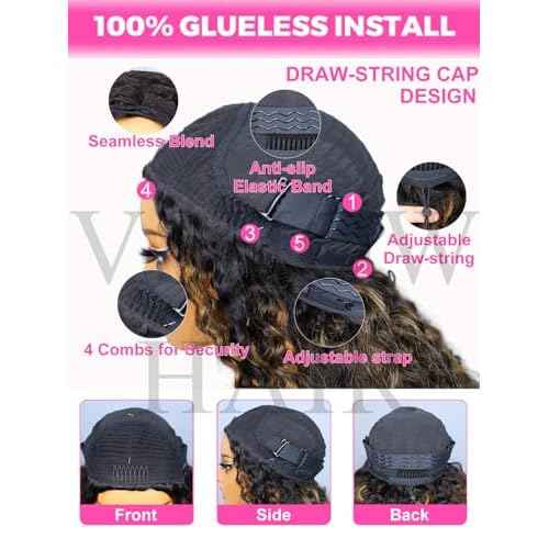V SHOW Wear Go Glueless Half Wig Human Hair 1B/30 Highlight Water Wave 3 In 1 Curly Half Wigs 180% Density Drawstring Seamless Fit Strap Flip Over Headband Wig 16 Inch Beginner Friendly