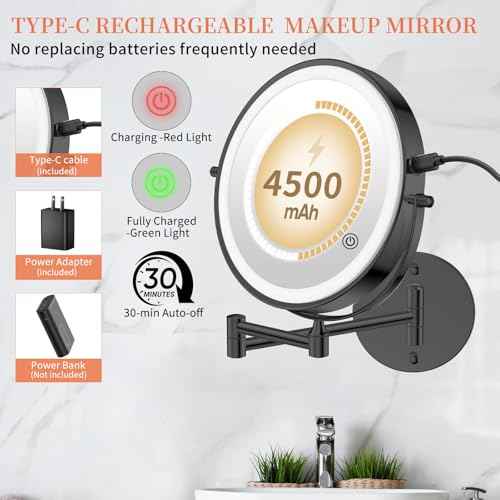 FUNTOUCH 9" 1X/30X Wall Mounted Lighted Makeup Mirror, 4500mAh Rechargeable Double Sided Magnifying Mirror with Light, 3 Color Lights,Touch Dimmable, 360 Rotation Extended Arm for Bathroom,Black