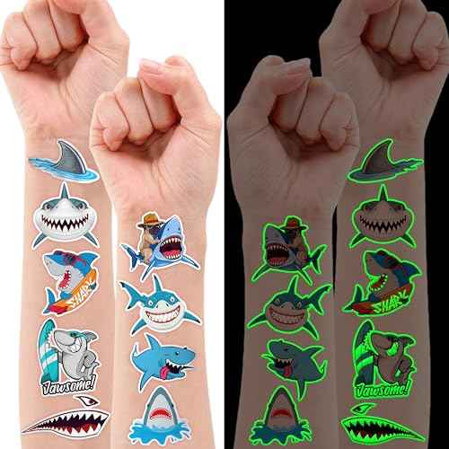96 PCS Ocean Shark Glow In The Dark Pre-Cut Temporary Tattoos Sticker Sea Animal Birthday Party Decorations Decor Favors Supplies Gifts Boys Girls Cute Fake Tattoo School Reward Themed (Luminous)