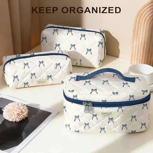 TOPEAST Christmas Gifts for Women Girls - 3Pcs Travel Makeup Bag Large Cute Quilted Make Up Bag for Purse, Portable Big Cosmetic Brush Pouch, Blue Bow