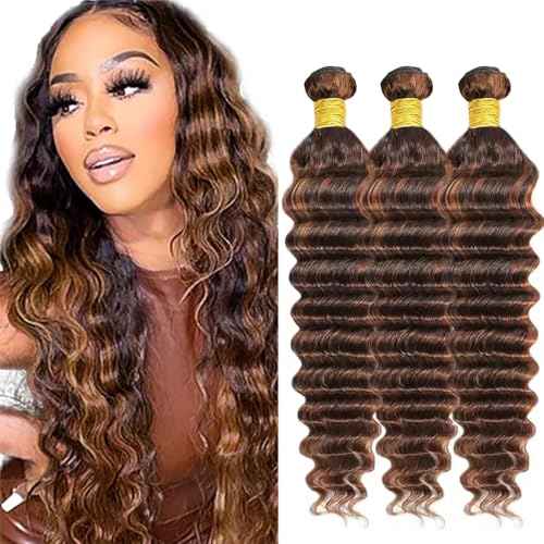 30 32 34 Inch Highligjt Deep Wave Bundles Brown Human Hair Bundles 2 Tone Dark Brown and Honey Blonde Bundles Human Hair Weave 8A Brazilian Virgin P4/30 Bundles Human Hair Extensions