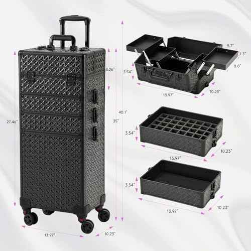 Leeora&Leekoo Portable Multi-Storey Nail Case for Nail Tech Organizer - Wheels Makeup Case Organizer, Cosmetic Case, Makeup Train Case, Make Up Case (Black)