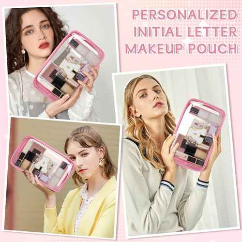 Personalized Initial Clear Makeup Bag, Travel Chenille Patch Cosmetic Bag, Preppy Toiletry Bag Monogram Cosmetic Pouch with Zipper, Ideal Gift for Teen Girls Women (Clear-Pink, A)