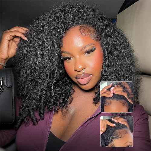 BGM GIRL 3 in 1 Burmese Curly Half Wig Human Hair Glueless Flip Over Half Wig with Drawstring Spiral Curly Ends for Women Easy Install Natural Black 180% Density 16 Inch