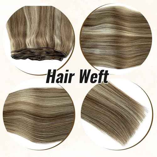 Weft Hair Extensions Balayage Human Hair Weft Extensions Ash Blonde Highlights Sew in Hair Extensions Real Human Hair 20 Inch 100G Hand Tied Weft Hair Extensions Human Hair Sew in Bundles Remy Hair