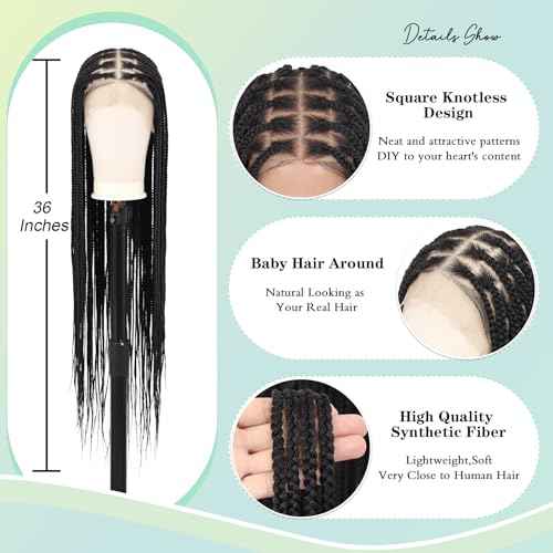 Braided Wigs for Women Knotless Braided Lace Front Wigs with Baby Hair Box Braid Wig 13x8 Inches HD Lace Frontal Black Braided Wigs 36 inches
