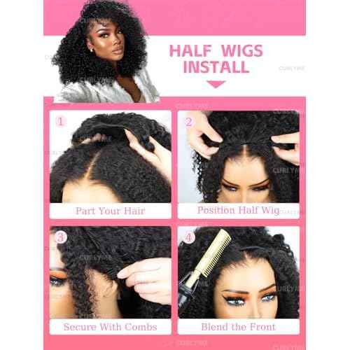 Curlyme Kinky Curly Half Wig Human Hair 3 In 1 Seamless Flip Over Half Wigs Human Hair Invisible Hairline Kinky Curly Headband Wig for Women 18 Inch