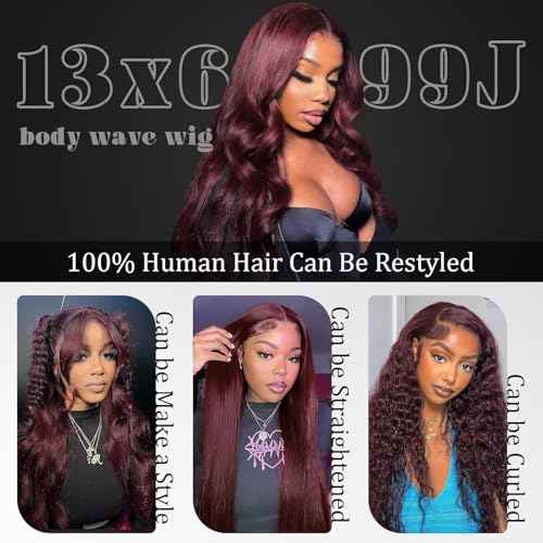 99j Burgundy Lace Front Wigs Human Hair Pre Plucked 20 Inch Long, Body Wave HD Lace Frontal Wig 13x6 Full Lace Frontal 99j Black Cherry Red Wigs, 12A 100% Real Brazilian Wigs Human Hair 180 Density