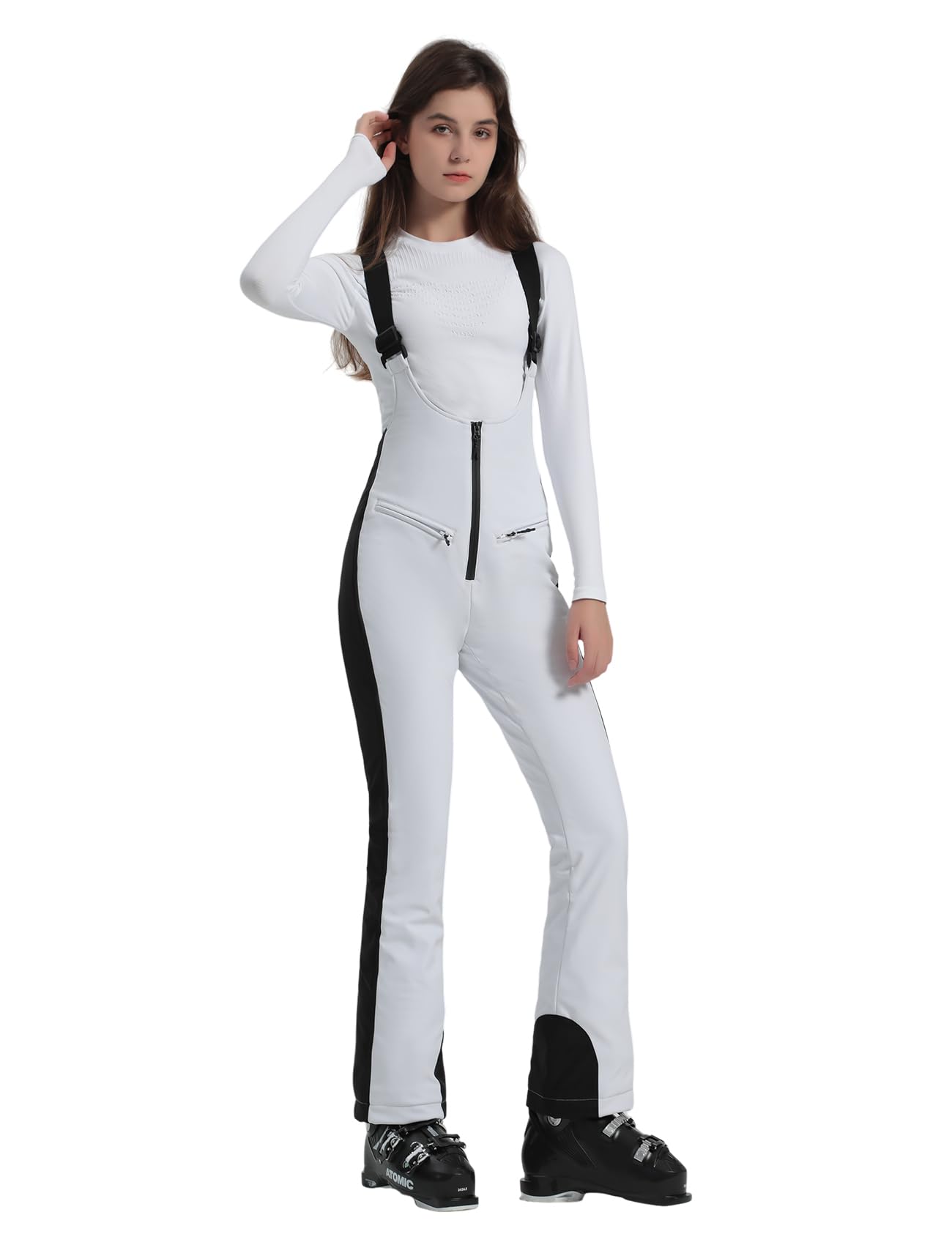 GSOU SNOW Womens Ski Bib Snow Pants Overalls Snowboard Waterproof Windproof Slim Winter Warm High Elasticity White