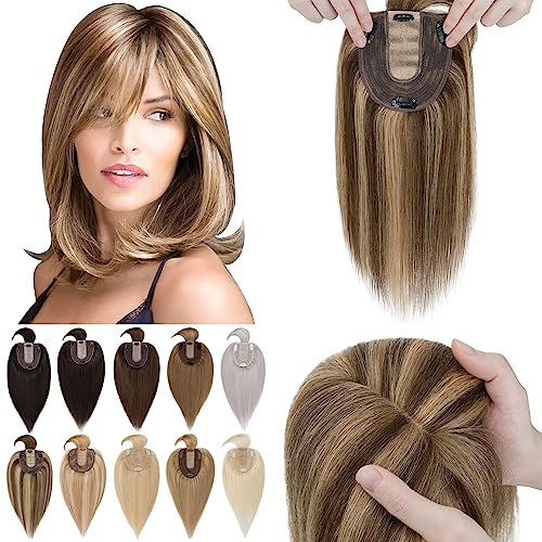 SEGO Hair Toppers for Women With Bangs Real Human Hair, 130% Density 10 * 12CM Silk Base Clip in Top Wiglet Hairpieces for Thinning Hair-6 Inch 4P27 Medium Brown&Dark Blonde