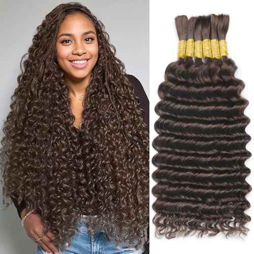 Human Braiding Hair for Boho Braids 150g 20 Inch 6 Bundles/Pack Dark Brown Human Hair Deep Wave Bundles Boho Hair for Braiding 12A Knotless Human Hair Braiding Hair Curly Hair Extensions 2#