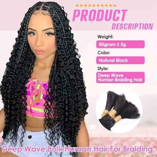 Human Braiding Hair for Boho Braids No Weft 18 Inch Curly Boho Hair for Braiding Knotless 12A Deep Wave Bulk Bohemian Human Hair 1 Bundle/80g