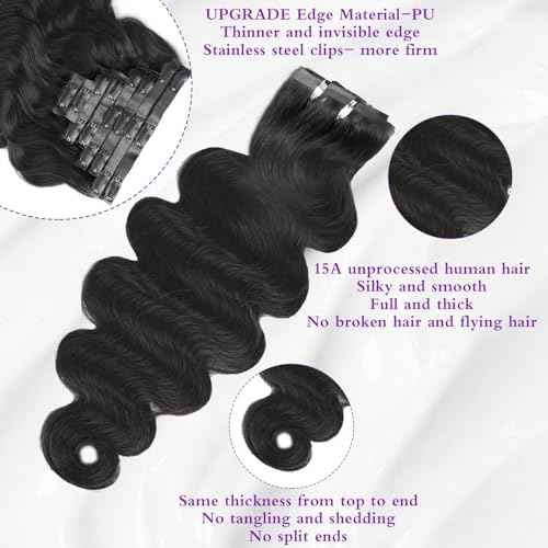 Seamless Body Wave Clip Ins Human Hair Extensions Invisible Weft Clip In Hair Extensions Real Human Hair 24Inch 8Pcs PU Clip ins Remy Hair for Women 18Clips 120g Natural Black