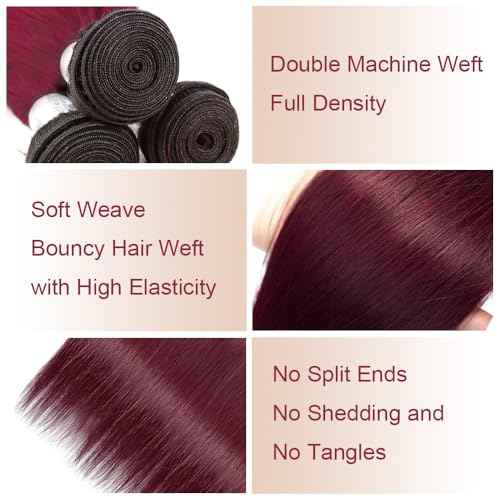 Burgundy 99J Straight Human Hair Bundles 14 16 18 Inch Hair 3 Bundles Color 99J Straight Bundles Unprocessed Brazilian Virgin Hair Weave Extensions For Black Women #99J