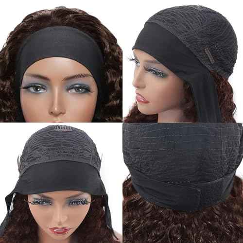 Headband Wig Human Hair Deep Wave Half Wigs Glueless None Lace Front Wigs with Headband Attached Brazilian Human Hair Headband Wigs Glueless Curly Hair for Black Women(22 Inch, Chocolate Brown)