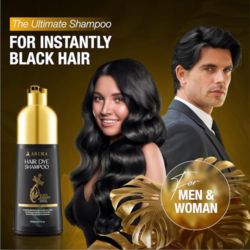 ABERA Hair Dye Shampoo, Black Hair Color for Grey Hair Coverage for Women and Men, One-wash Hair Blackening Treatment with Natural Dark Color (10.1 Fl. Oz.)